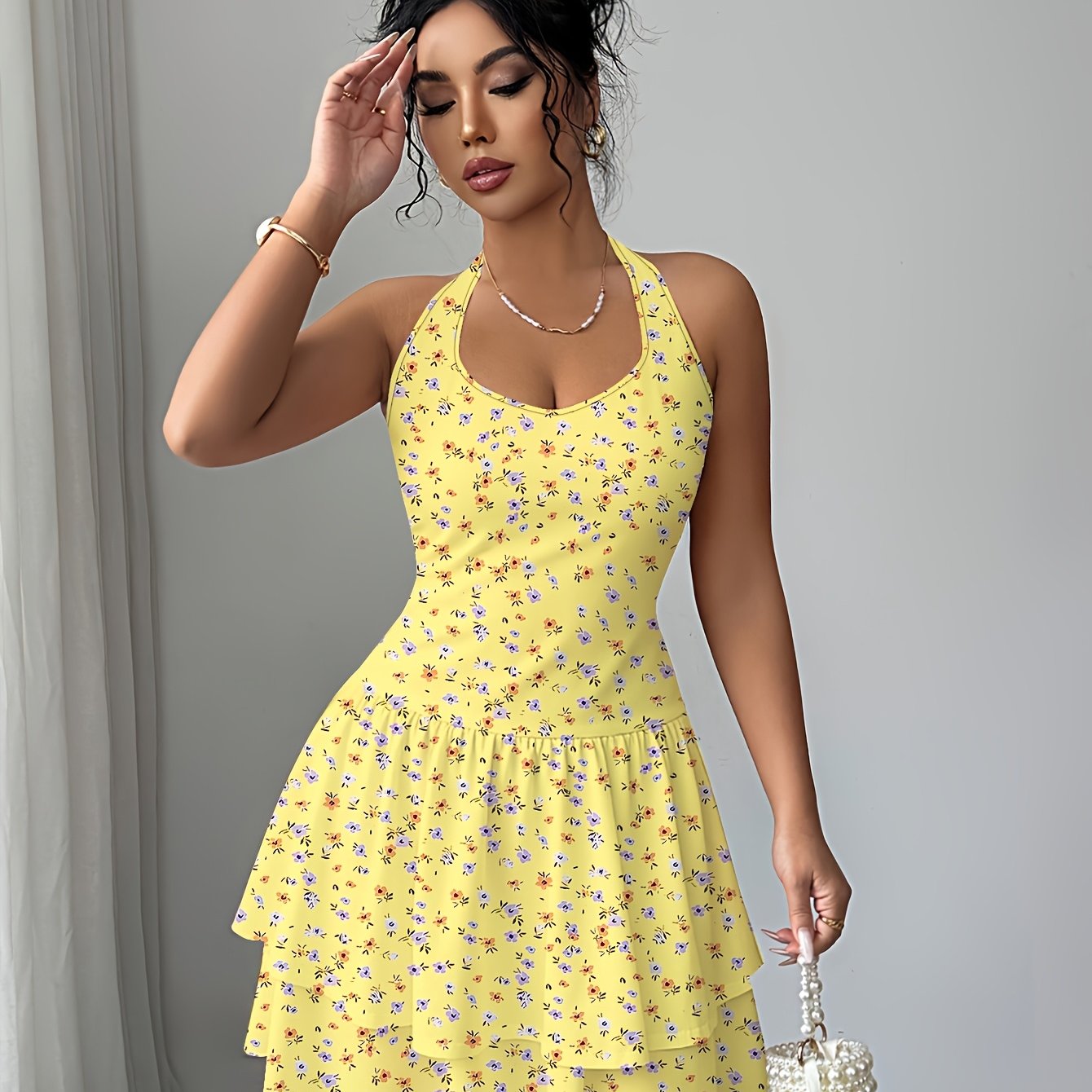 Women's Printed Sleeveless Dress, Off-shoulder Tiered A-line Slim Mini Skirt For Vacation