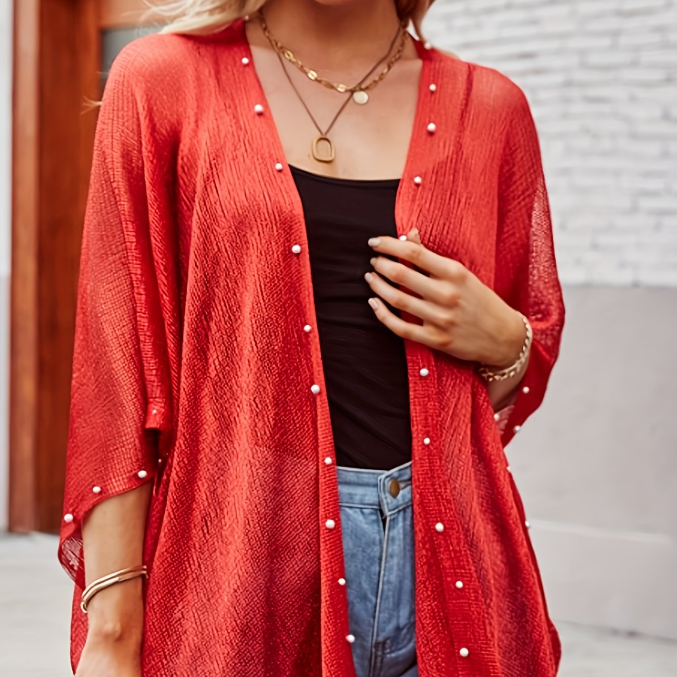 TEMU Women's Pearl Fringe Kimono Cardigan Sheer Loose Swim Cover Up For Beach, Pool, And Vacation