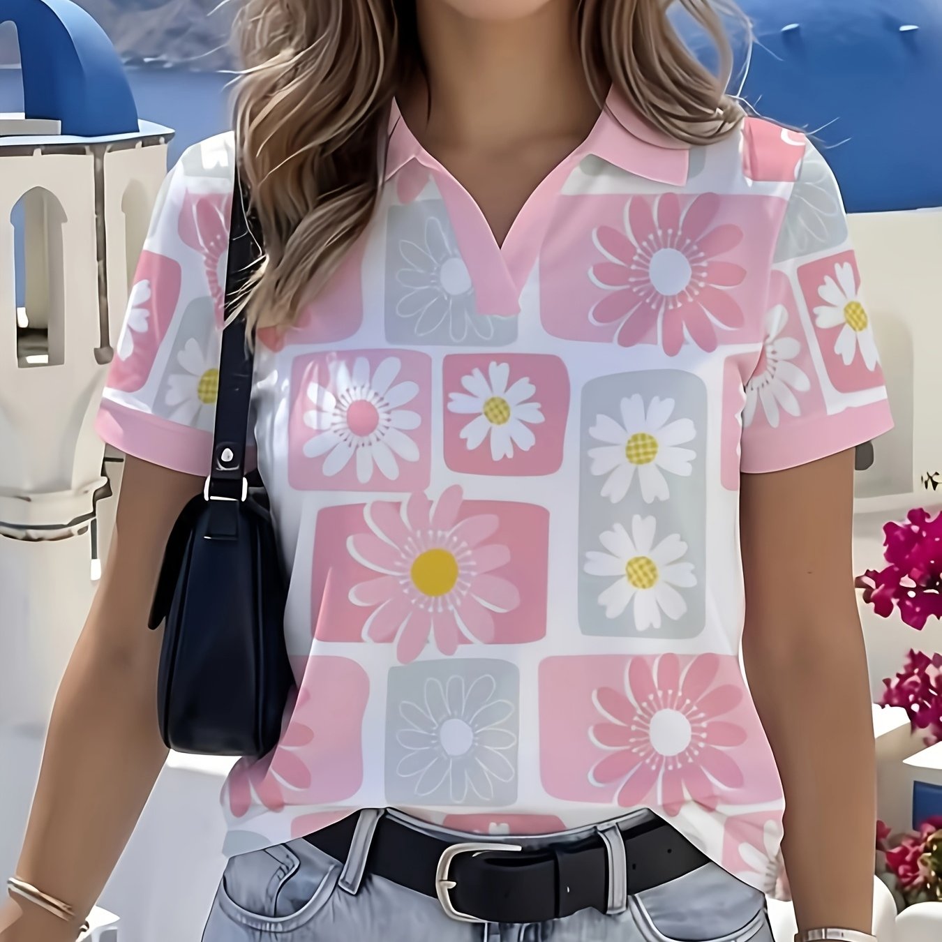 TEMU [printed Design – Not Textured] Check Small Daisy Floral Print Lapel Short Sleeve Women's Fresh Gentle Versatile Top, This Is A Perfect Gift