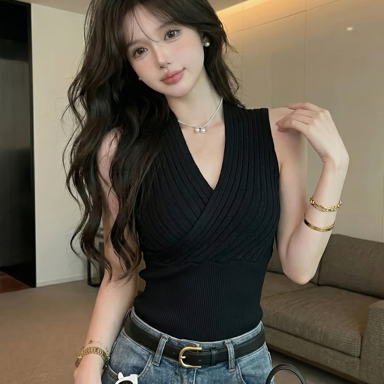 TEMU 블랙 크로스 브이넥 민소매 골지 슬림핏 여성용 여름 탱크탑, 섹시한 룩을 위한 허리 슬림핏 베이스 레이어
