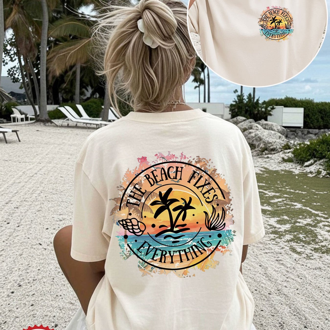 Image of [double-sided Print] Summer Loose Casual Women's Top, Retro Style Coconut Tree Shell Wave The Beach Fixes Round Neck Short Sleeve Drop Shoulder Pure Oversized T-shirt