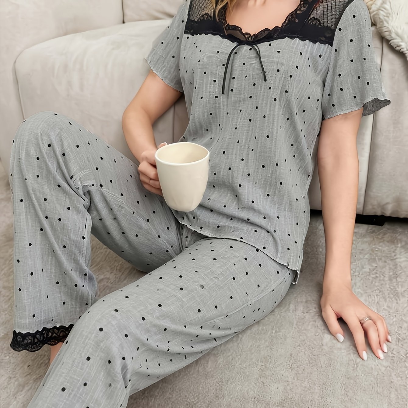 Women's Pajama Set 2pcs Ear-trim Design Polka Dot Striped Lace With Chest Loose Comfortable Short Sleeve Long Pants