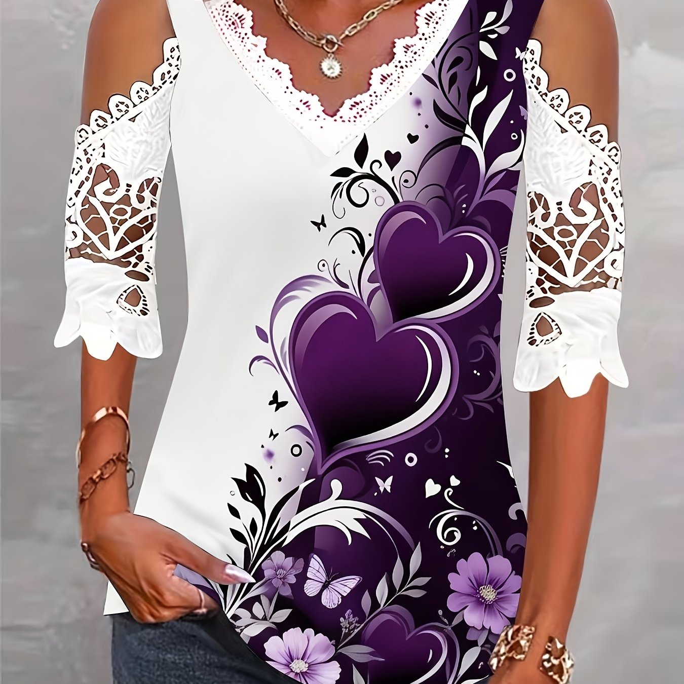 E-shop Elegantes Damen T-Shirt mit Spitze und Patchwork, Dreiviertelärmel, modisches Damen Top