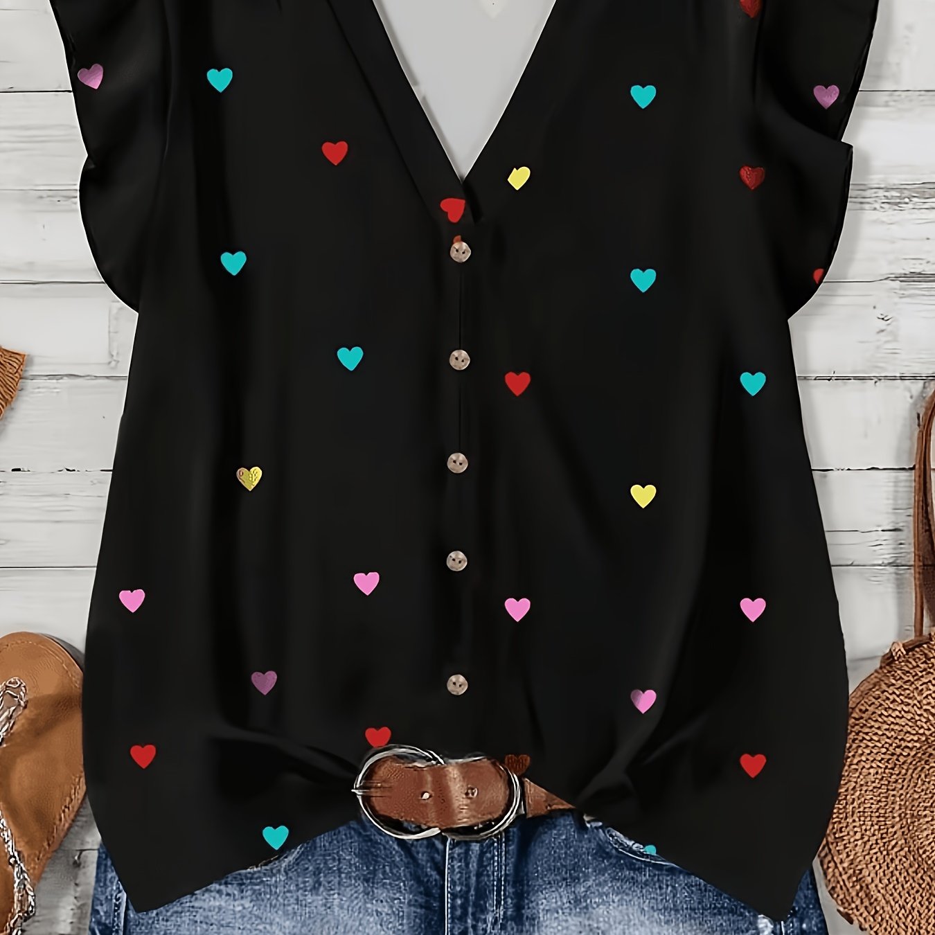 TEMU Summer Women's Multicolor Heart Print V-neck Casual Shirt