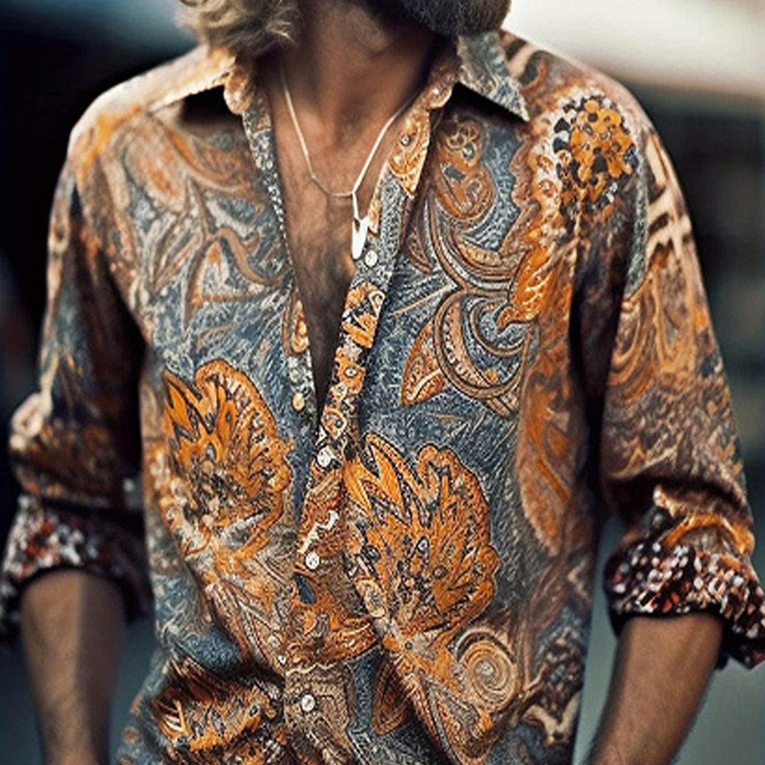 Men's Regular Version Fit Floral Printed Beach Hawaiian Button- Long Sleeves Shirt