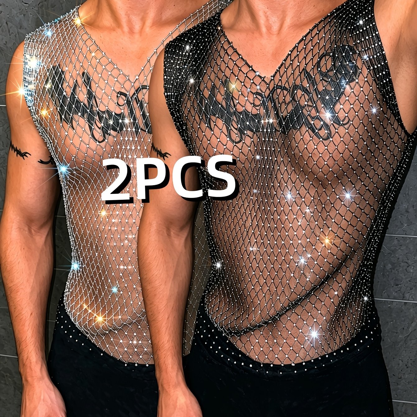 TEMU 2pcs (black And White) Men' Net V-neck Vest, Elastic Mesh Material, Rhinestone Embellished Sparkly, Perfect For Bar Wear, Men' Festival Attire,