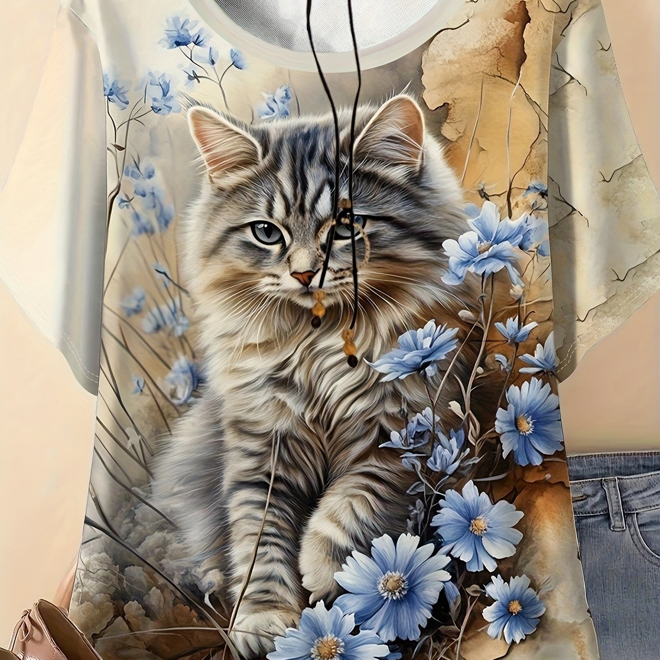 Image of Plus Size - Plus Size - Plus Size Women's Cat And Floral Print Crew Neck T-shirt - Casual Summer Short Sleeve Top, Lightweight Fabric, Full Print, Crew Neck T-shirt|lightweight Fabric