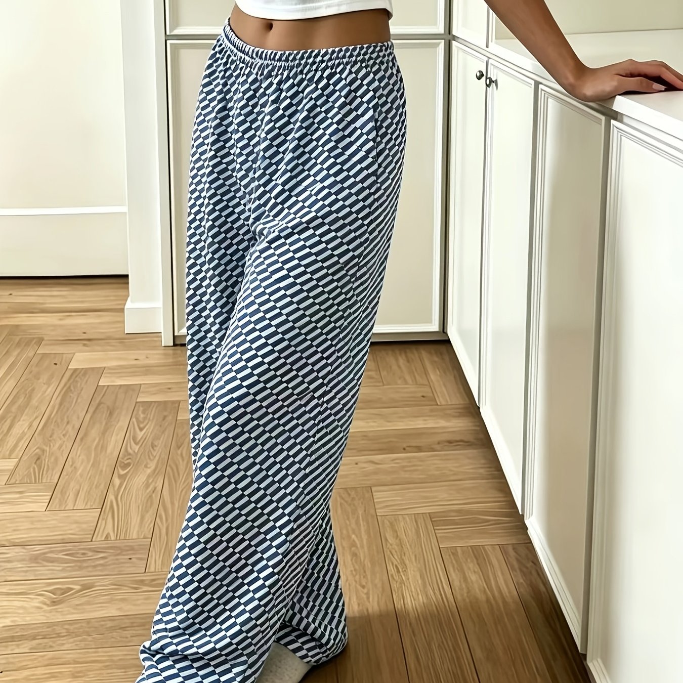 TEMU Elegant Women'-tone Pants In Blue And White Check