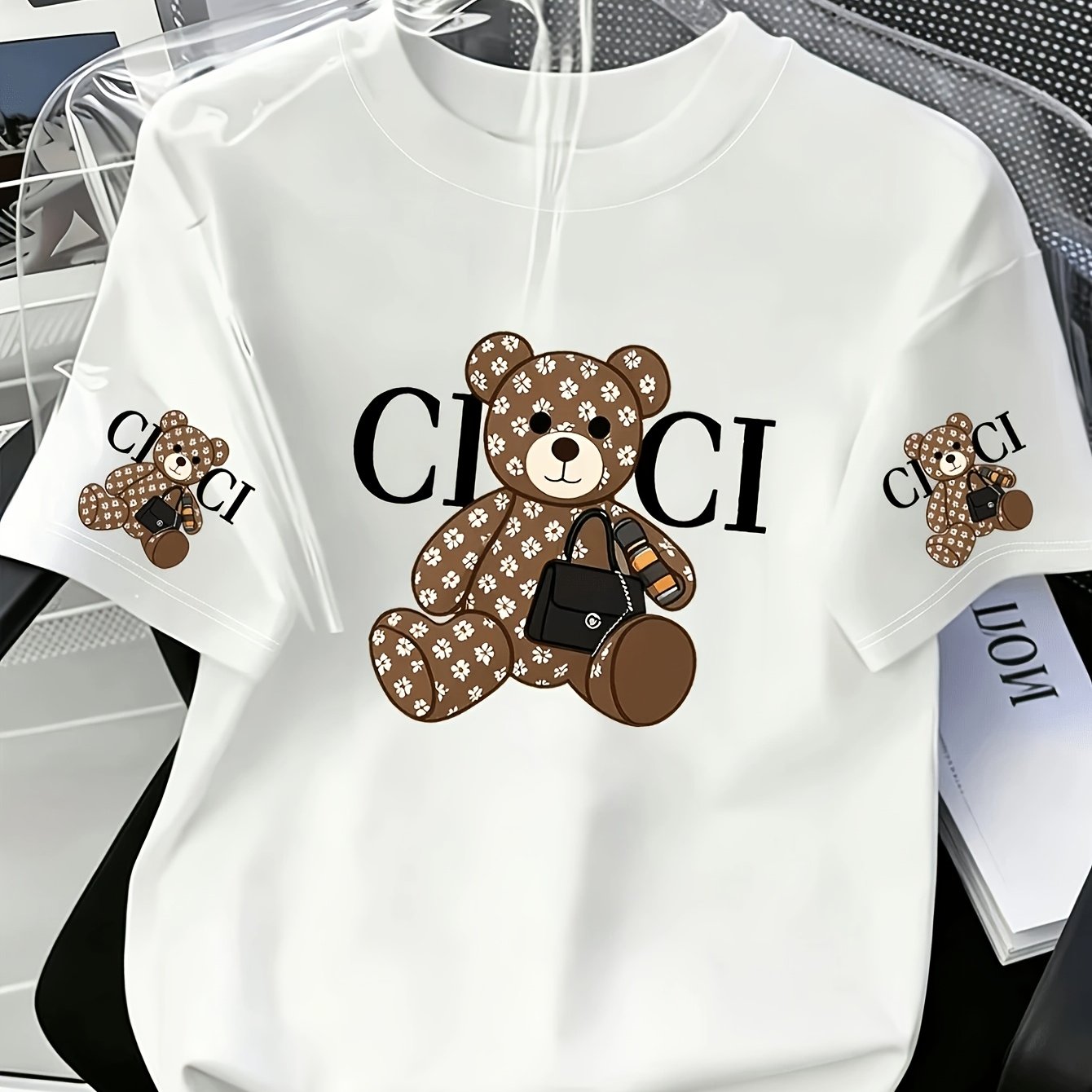 TEMU Light Old Flower Print Short-sleeved T-shirt, Same   Ci Ci Letter Design On   Sleeves, Summer Breathable Round Neck Top, Trendy Brand Versatile
