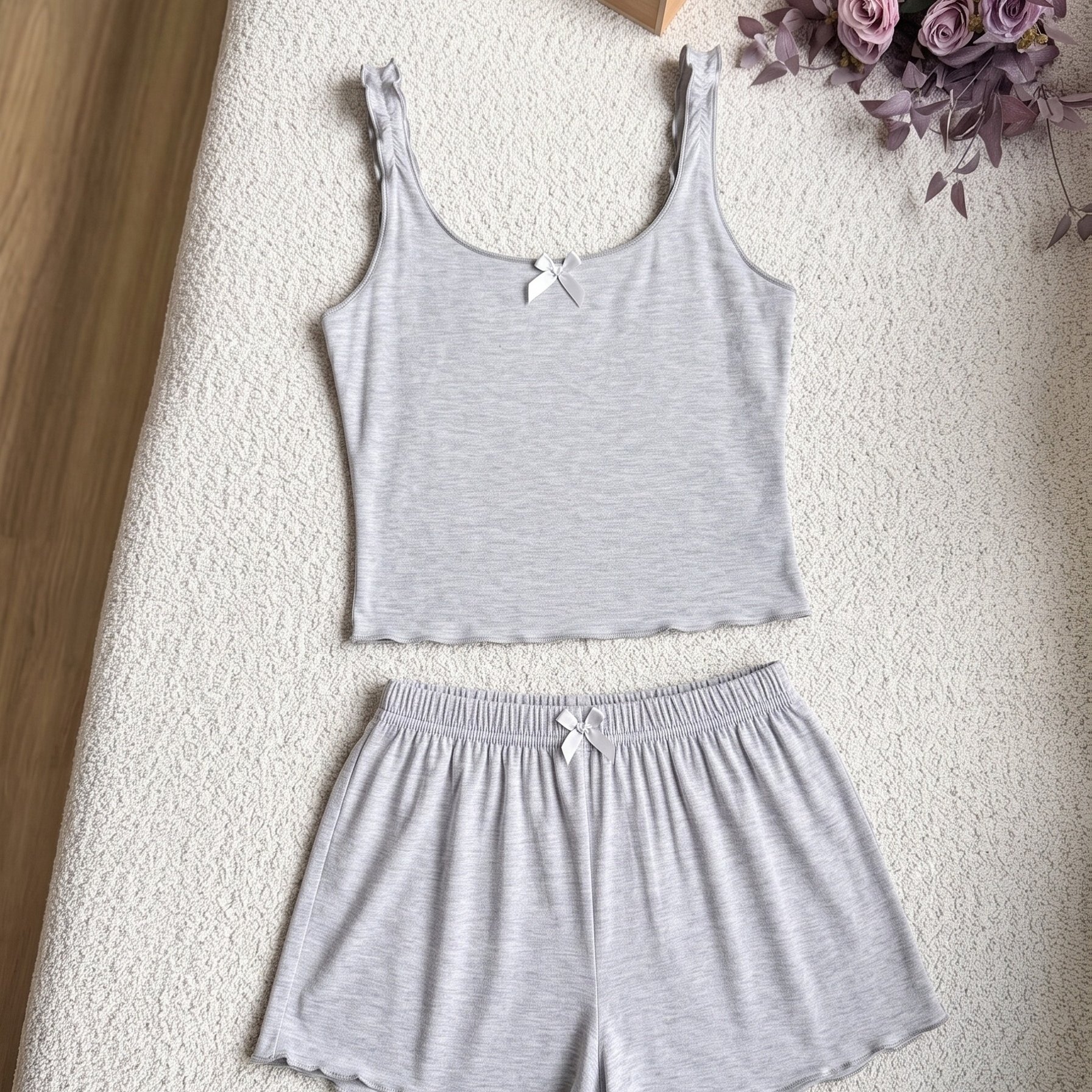 TEMU Women's Summer New Pajamas, Casual Solid Color Vest And Shorts, Rayon Modal Fabric, Comfortable And Cool, Bow Detail