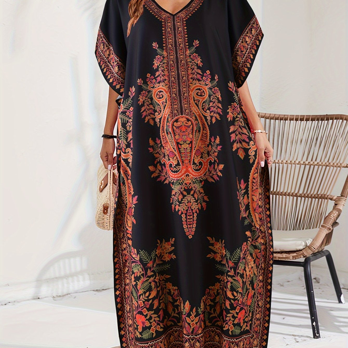 Women's Middle Eastern Robe, Casual V-neck Beach Vacation Robe, Bohemian Dress