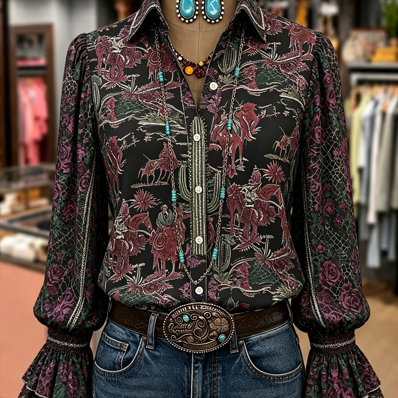 Image of Women Plus Size Casual Black Burgundy Green Western Cowboy Floral Print Shirt Vintage Turn Collar Long Flared Bell Sleeve Button Blouse Autumn Winter Gothic Country Loose Daily Wear