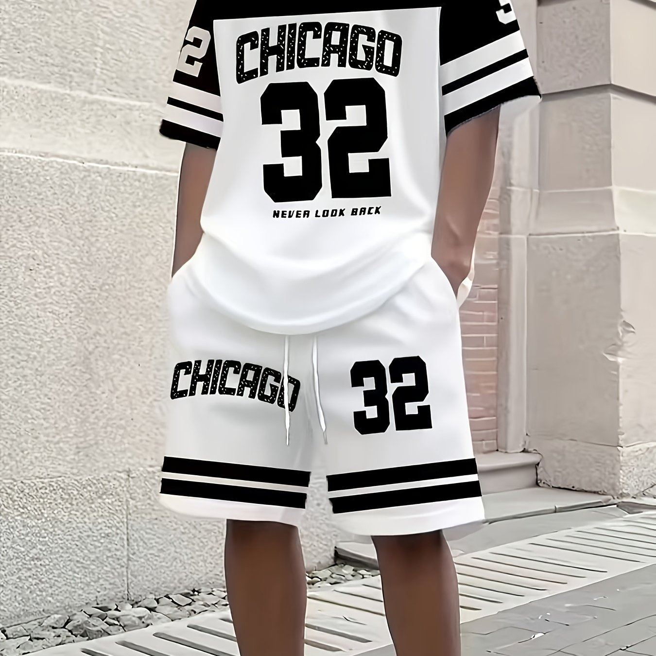 TEMU 2pcs Men's Chicago-themed Oversized '32' Number Pattern T-shirt And Matching Shorts Set - Breathable Black And White Athletic Style Summer