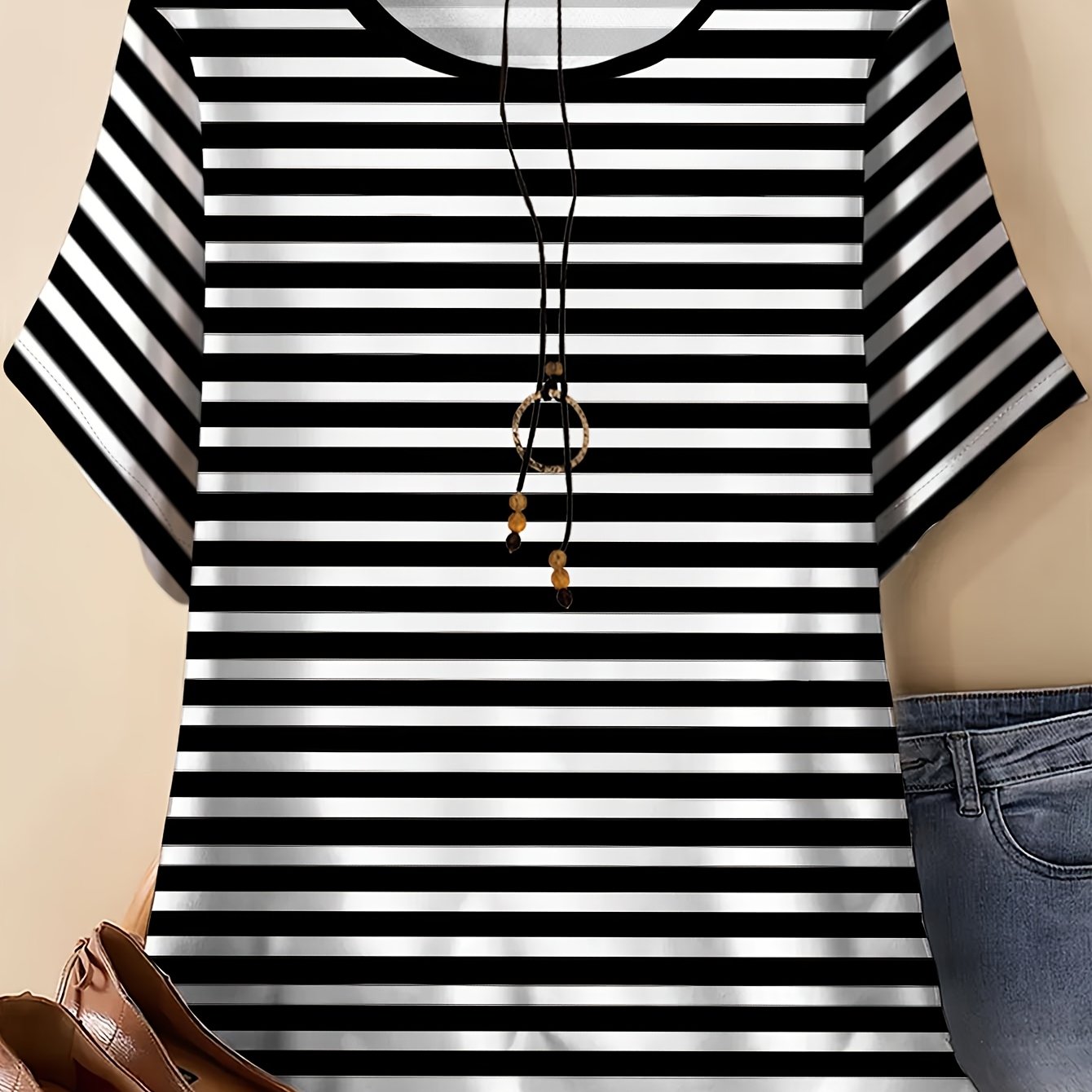 TEMU Plus Size, Women's Casual Short-sleeve T-shirt - Simple And Versatile, Black And White Fine Stripes Print - T-shirt, Single Item, Fashionable,