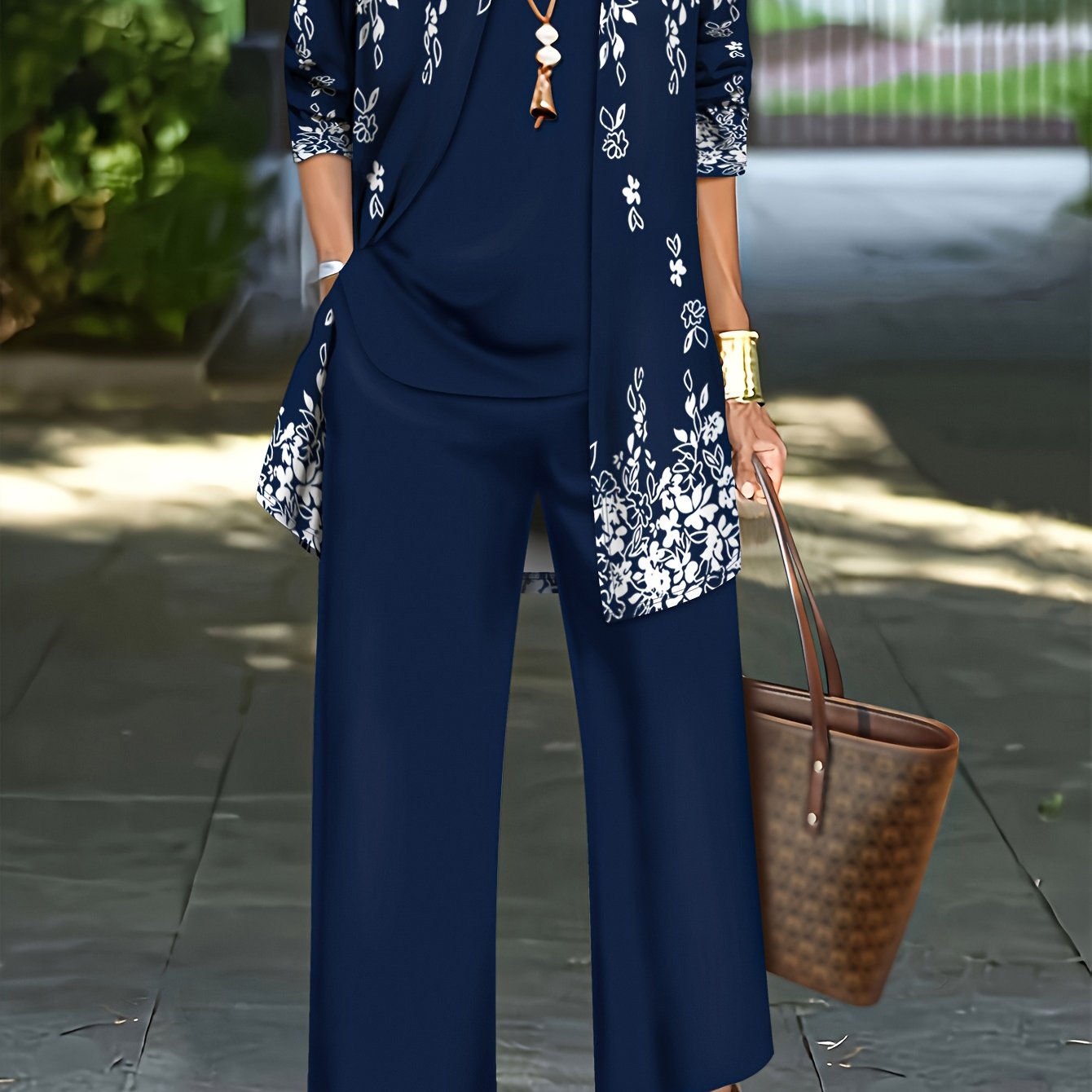 TEMU 2d Flat Printing Women's Elegant Casual Three-piece Set | Autumn/winter Printed Cardigan Jacket With Crew Neck, Casual Pants, And Vest Set |