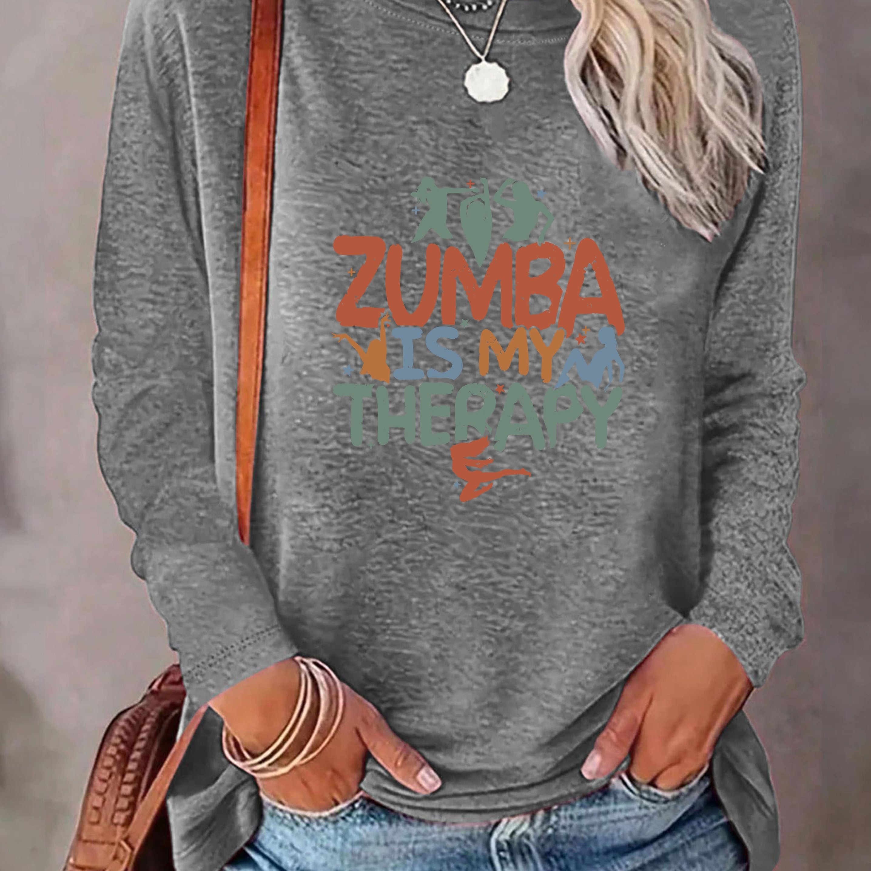 TEMU Women's Polyester Neck Long T- Applique - / Fit Pullover Tee Zumba Is My Therapy