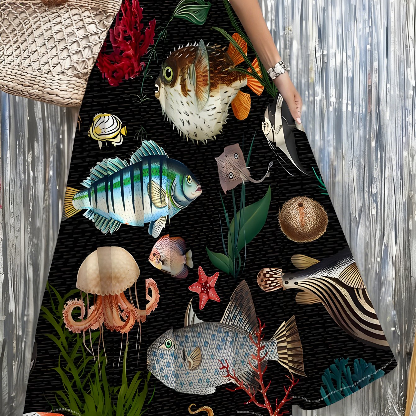 TEMU 【商品名】魚、クラゲ、サンゴのデザインが施された、海をモチーフにしたワンピーススカート。ビーチ、プールパーティー、普段使いに最適。軽量で夏にのウェア。