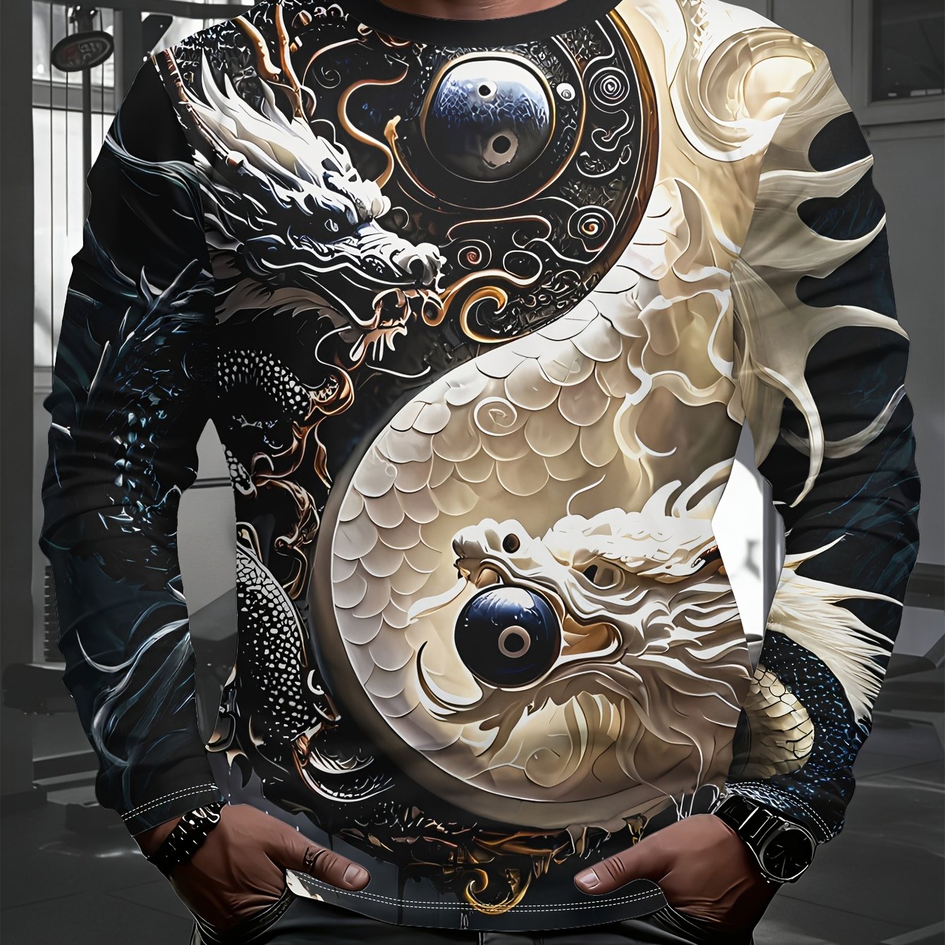 TEMU Men's Casual Long Sleeve T-shirt With Yin Yang Tai Chi And Holding Pearls, Machine Washable, Casual Wear, Clothing, Durable Construction