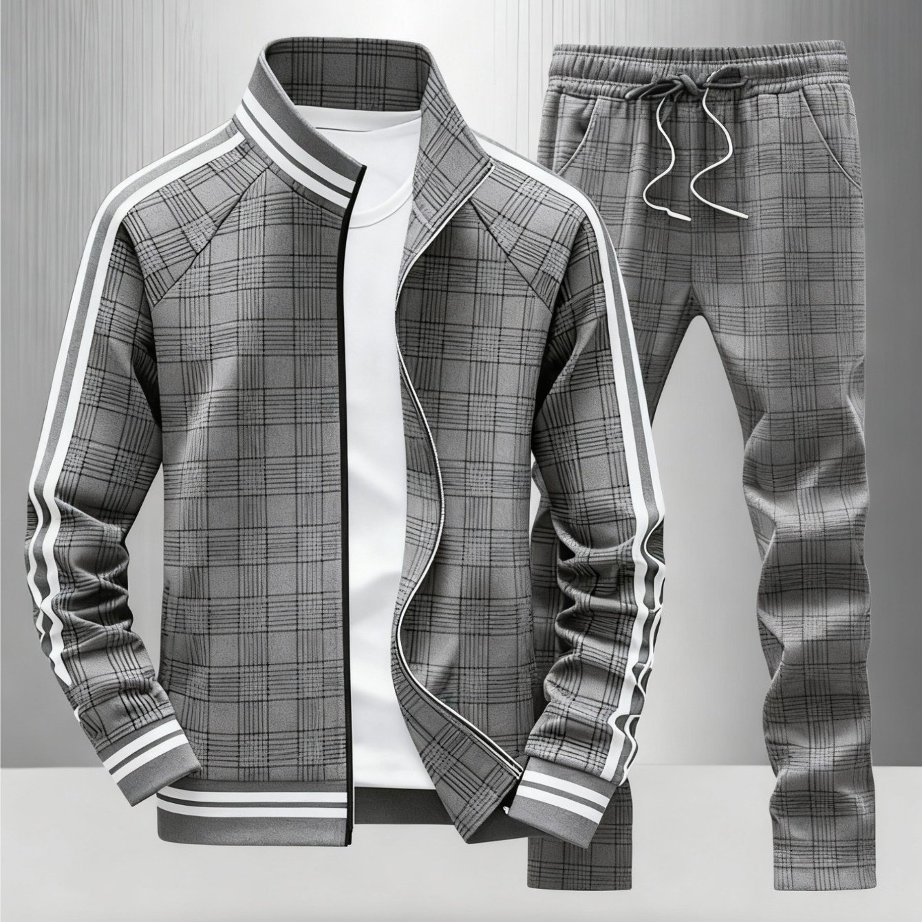 Combination Of 2pcs. Men's Casual Blazer And Trousers In A Stylish 3d-printed Design. A Neutral Sports Suit Is In A Of Colors.