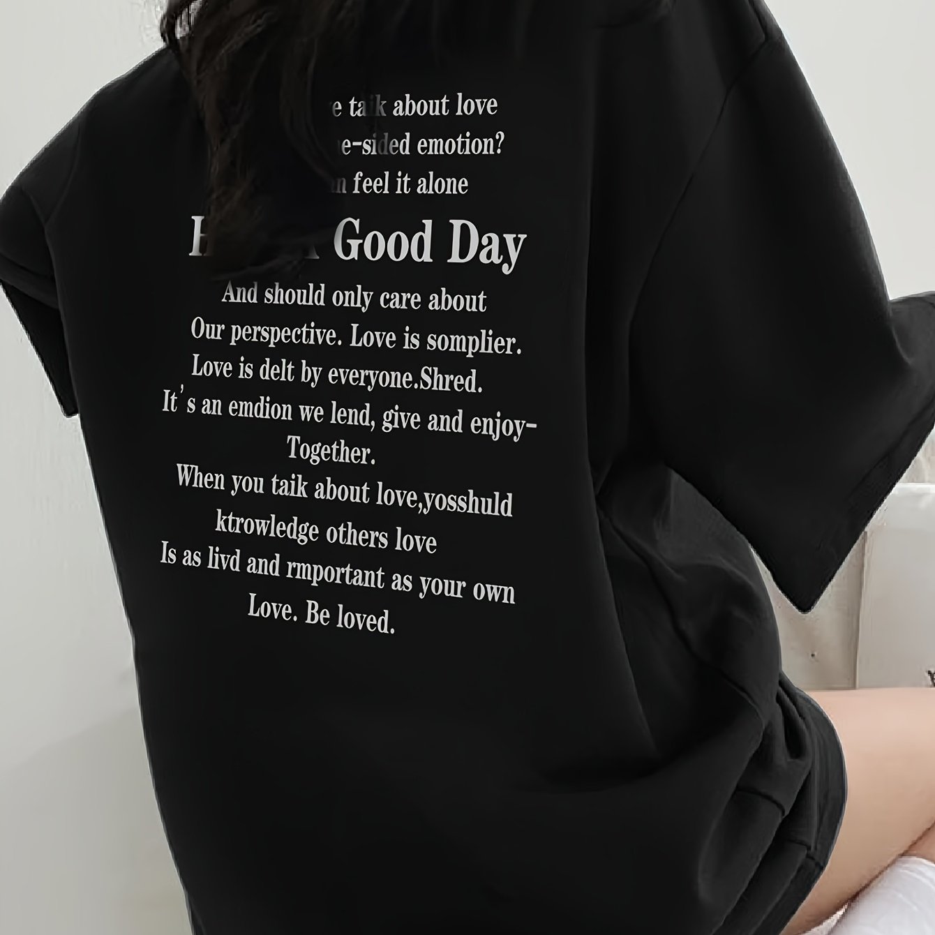 TEMU 여성용 트렌디 블랙 라운드넥 루즈핏 미디 기장 티셔츠 (레터 프린트), 봄/여름에 완벽