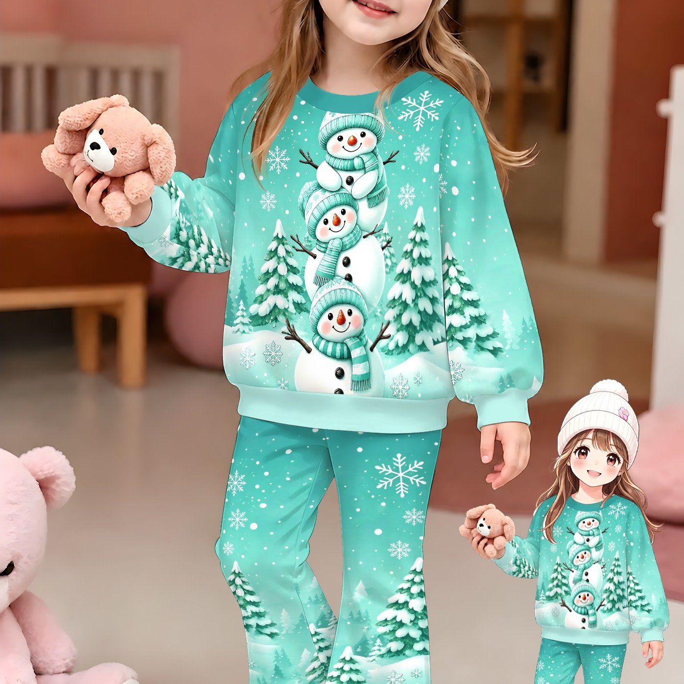 TEMU Christmas Girl Casual And Fashionable Round-neck Hoodie With Flared Pants Set - 2pcs. Sweet And Cute. Suitable For . Perfect For Girls' Daily ,