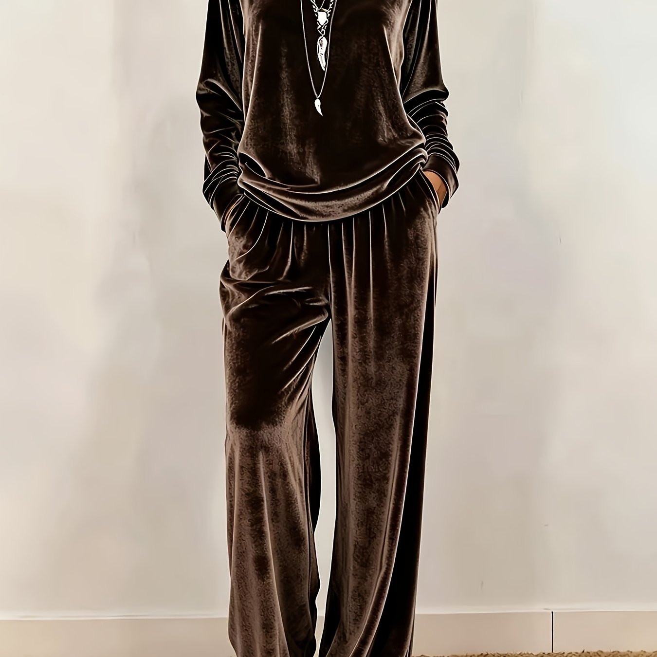 TEMU Velvet Round Neck Long Sleeve Top And Wide-leg Pants Two-piece Set For Women, Loose Drapey Casual Suit
