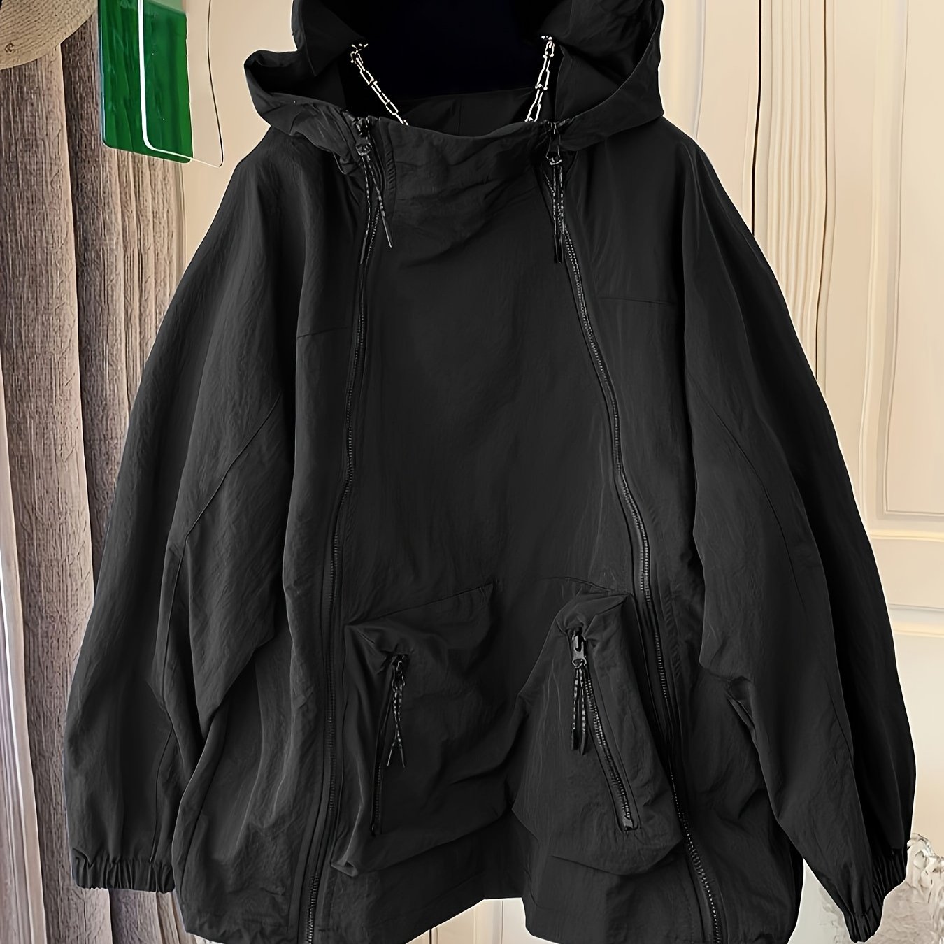 TEMU Women's Casual Long-sleeve Solid Color Double-zipper Hooded Jacket With Fashionable Zipper Pockets