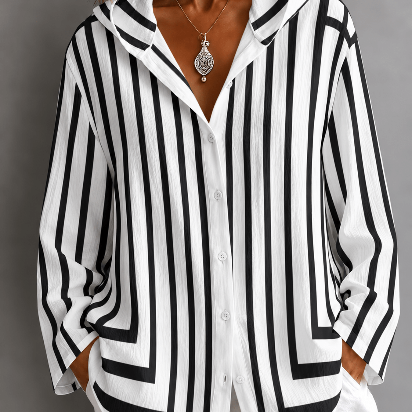Image of Plus Size Women's Clothing Women's Tops And Shirts Vertical Striped Hooded Long Sleeve Button Loose Casual Top Fall And Winter Suitable For Casual Sports Scenes