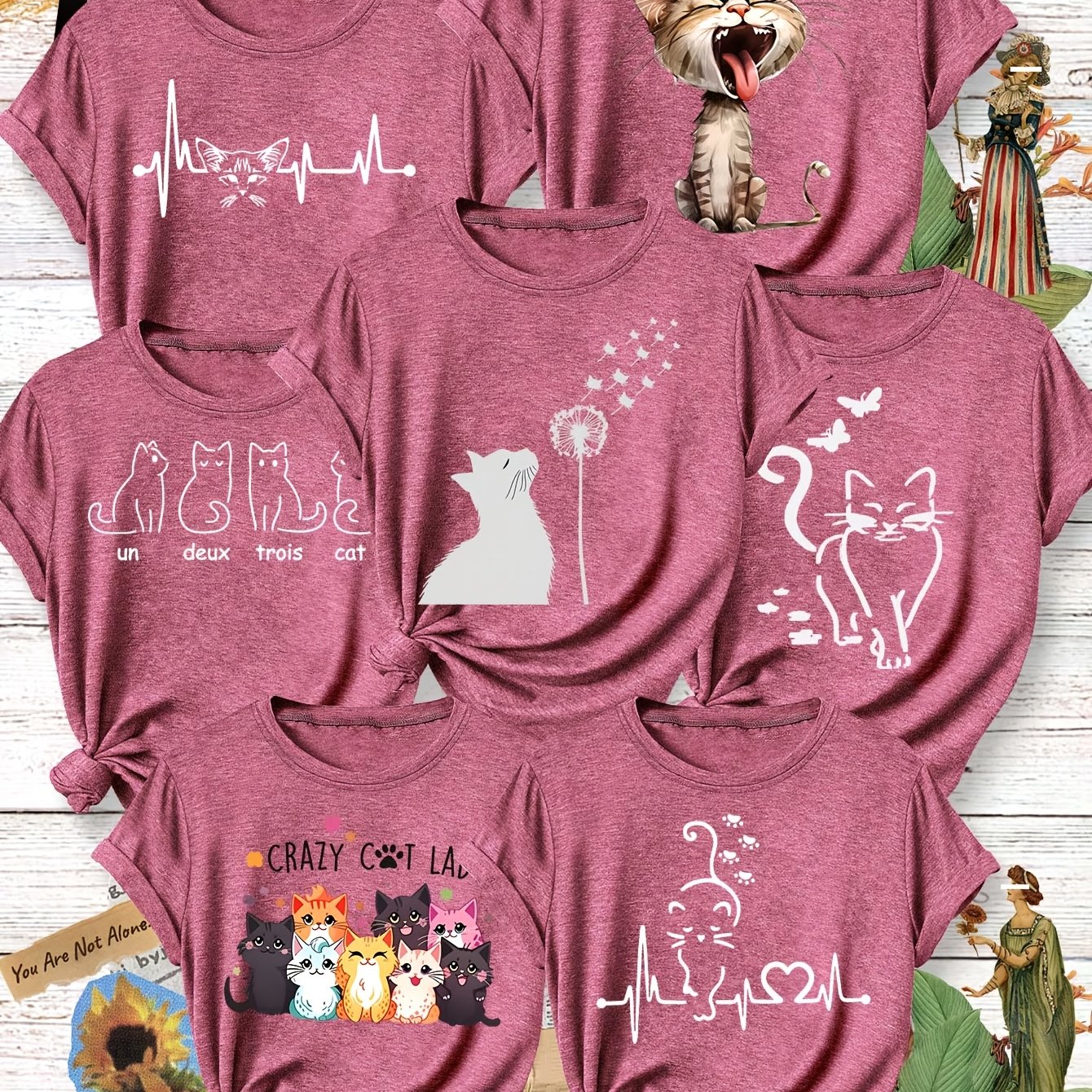 TEMU 7pcs Of Family Gathering Outfits For And Sisters Featuring Cute Cat Prints, Stylish And Elegant Women's Casual Sports Tops For Spring, Summer,