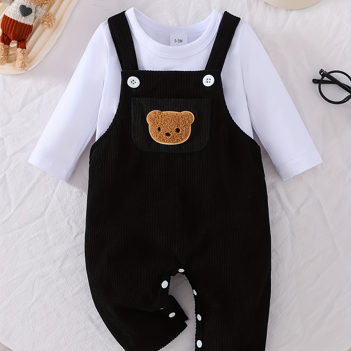 Image of Cute And Comfortable Corduroy Bear Embroidery + Small Pocket Overalls + Long-sleeved Solid Color Top, For Outdoor, Christmas, Halloween