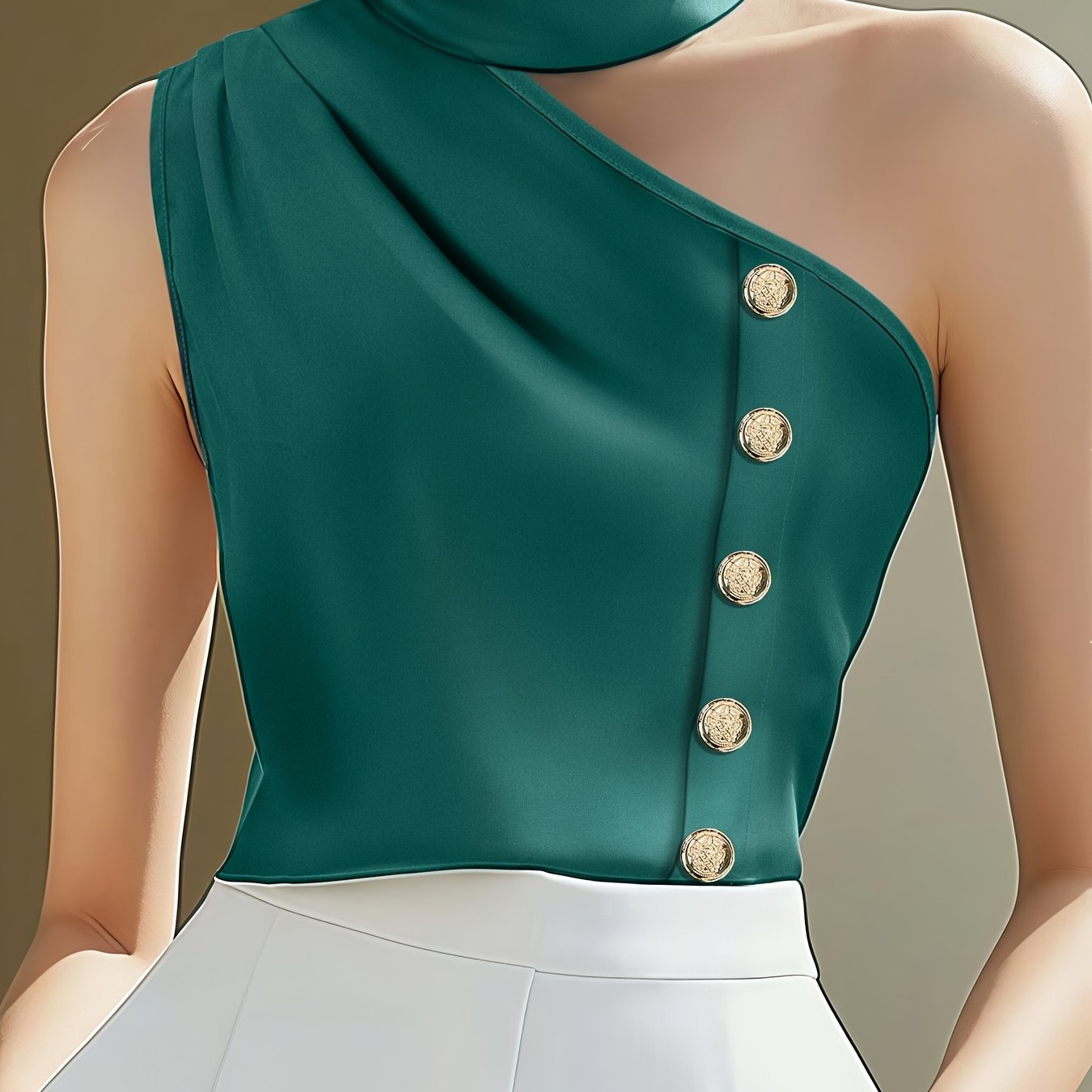 TEMU Chaleco de moda para mujer, estilo retro elegante, cuello asimétrico con hombros descubiertos, diseño asimétrico con decoración de hebilla