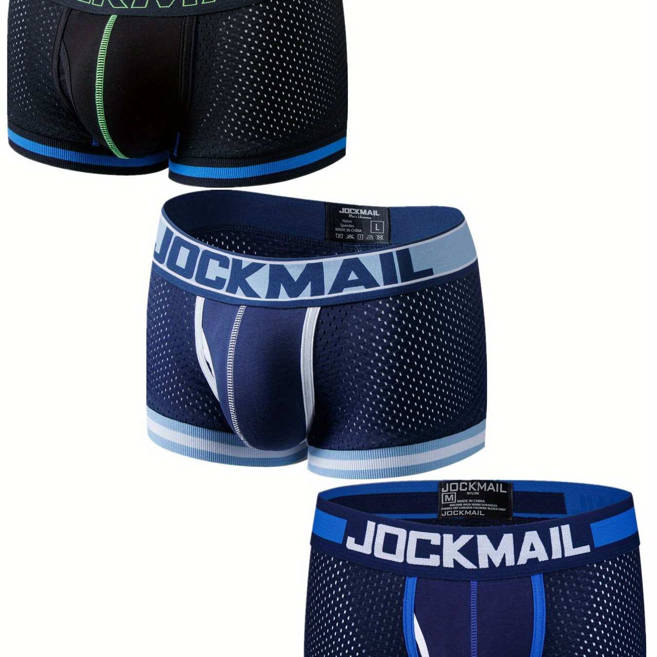 Image of 3pcs Jockmail Fashion Low Waisted Breathable Mesh Men's Boxer Briefs Colour Blocking Everyday Casual Trunks Underwear Anti-curl Trouser Legs Underpants