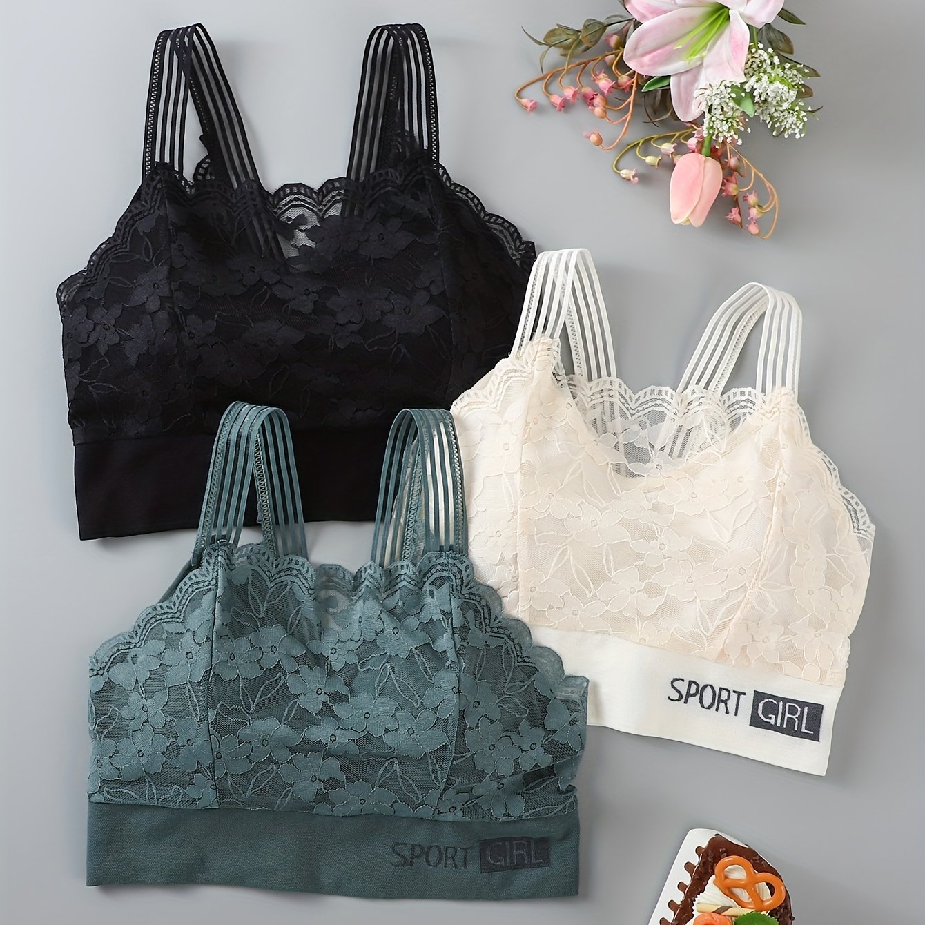 3pcs Women's Lace Backless Sports Bras, Low-cut Yoga Fitness Running Camisole Tank Tops, Daily Casual Bras