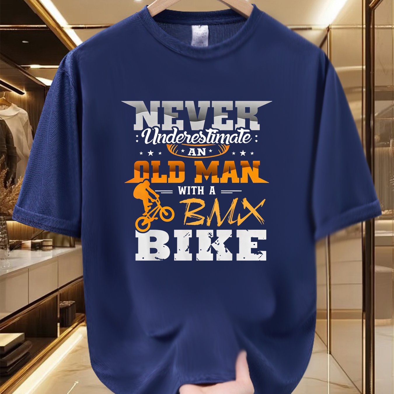 TEMU Men's Graphic T-shirt - Never An Old Man With A Bmx Bike, Design, Soft And Breathable, 100% Polyester Fiber, Crew Neck, Short Sleeve Summer