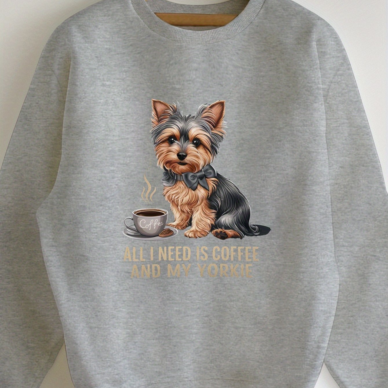 TEMU Seasonal Essential, Cozy Yorkshire Terrier & Sweatshirt For Women - Casual Crew Neck, Long Sleeve Pullover, Fall/winter, Coffee, Sweatshirts