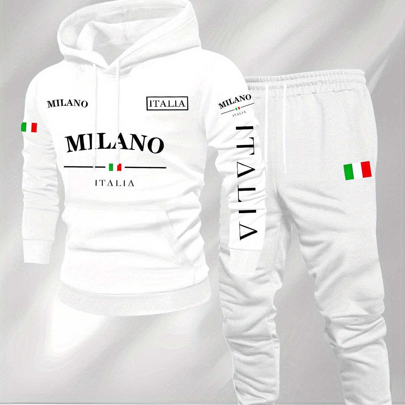 TEMU Men's Casual Hoodie And Pants Set With Italian Flag And Multi-print, Regular Fit Long Sleeve, Machine Washable