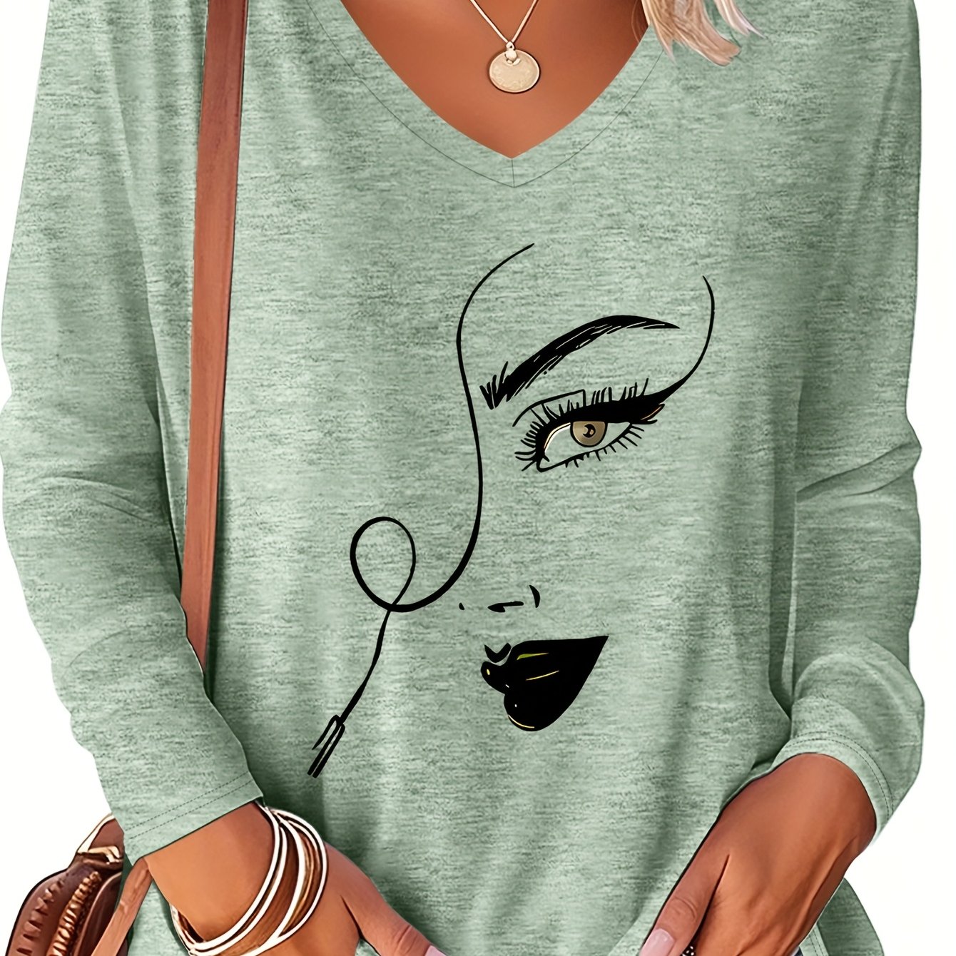 TEMU Plus Size - Plus Size - Autumn And Winter Plus Size Women's Fashion Letter V-neck Long-sleeved T-shirt, Rayon Component - To Care For, Machine