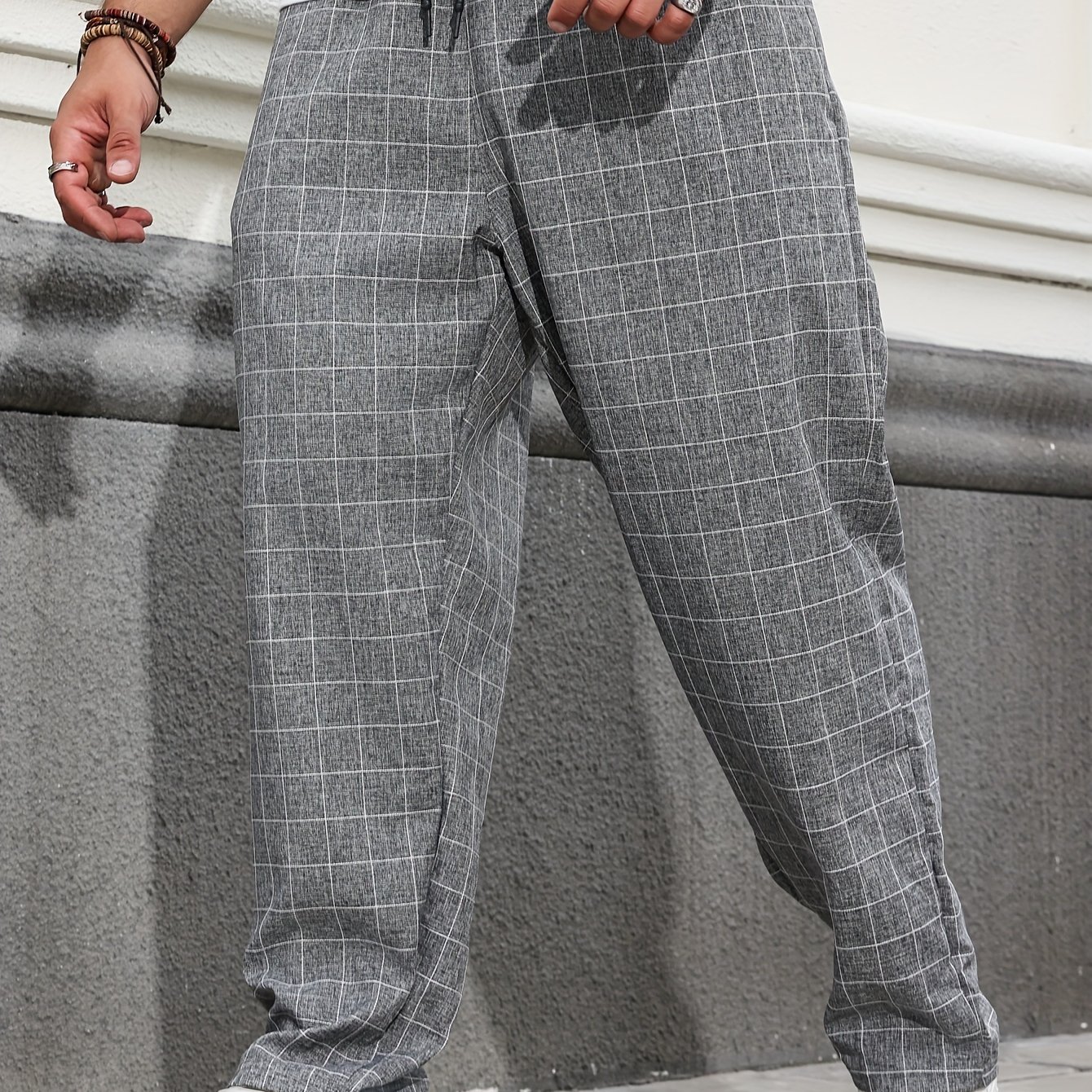 TEMU Chic Oversized, Stylish Plus Size Men's Plaid Pants - Breathable, Non-stretch Polyester For All , Plus Size