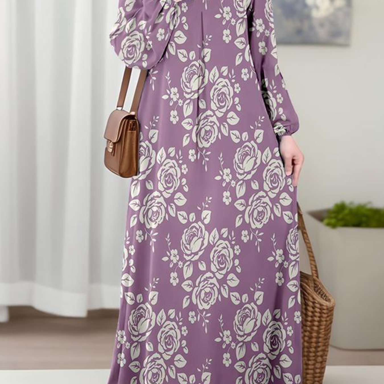 TEMU 2026 , Women's Robe, Loose Fit, Casual Fashion, Traditional Style, Floral Pattern, Suitable For Easy Long Sleeve Floral Long Dress, , (headscarf