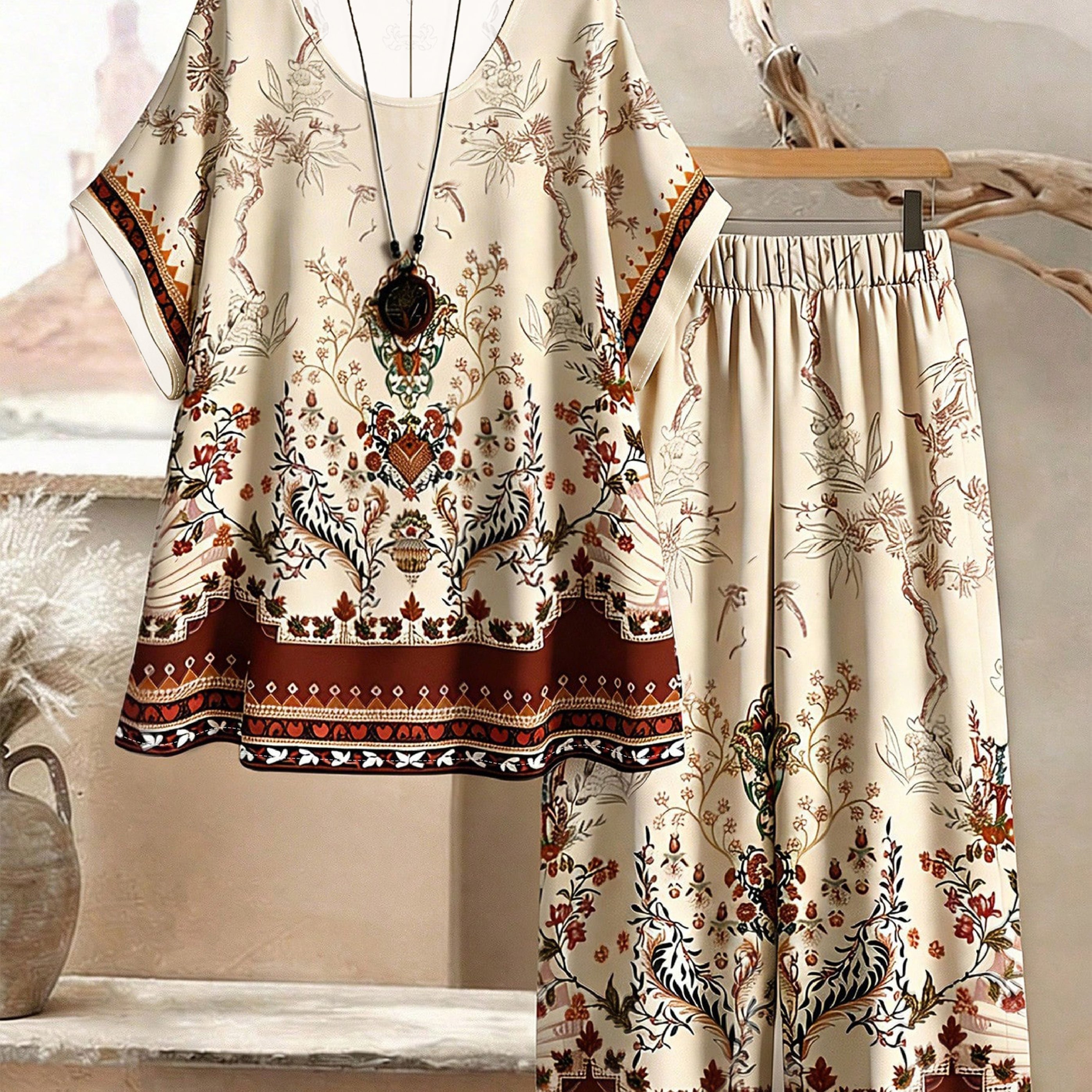 TEMU Ensemble 2 pièces grande taille pour femme : haut à imprimé positionnel et pantalon décontracté de style vintage à imprimé positionnel, tenue