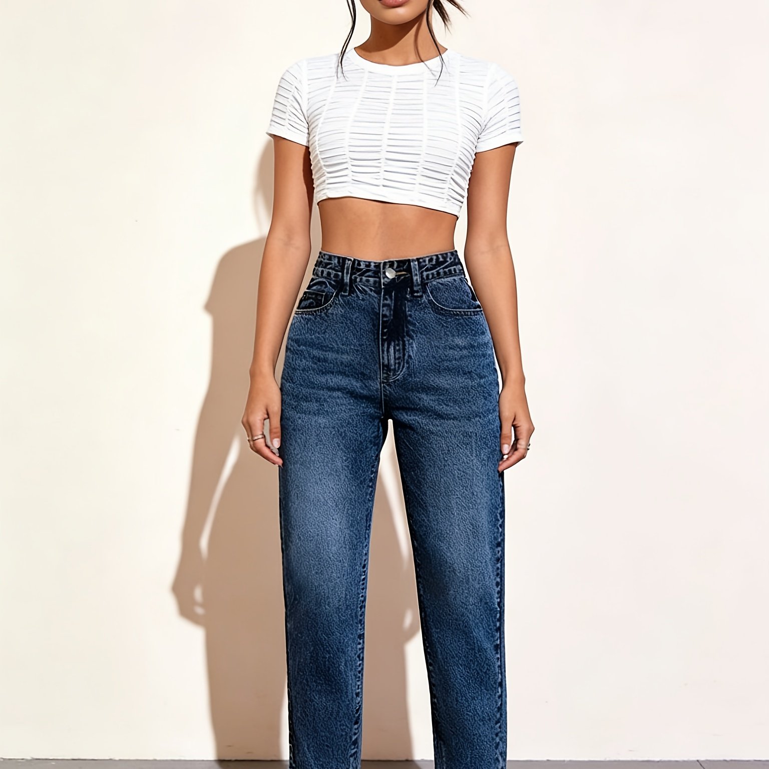 Image of Women's Washable Straight-leg Jeans, Dark Blue, Stretch Fabric, Multi-, Casual And Professional Wear, Hand Washable (not ), Cat Wear Out The Front Pocket Of The Pants