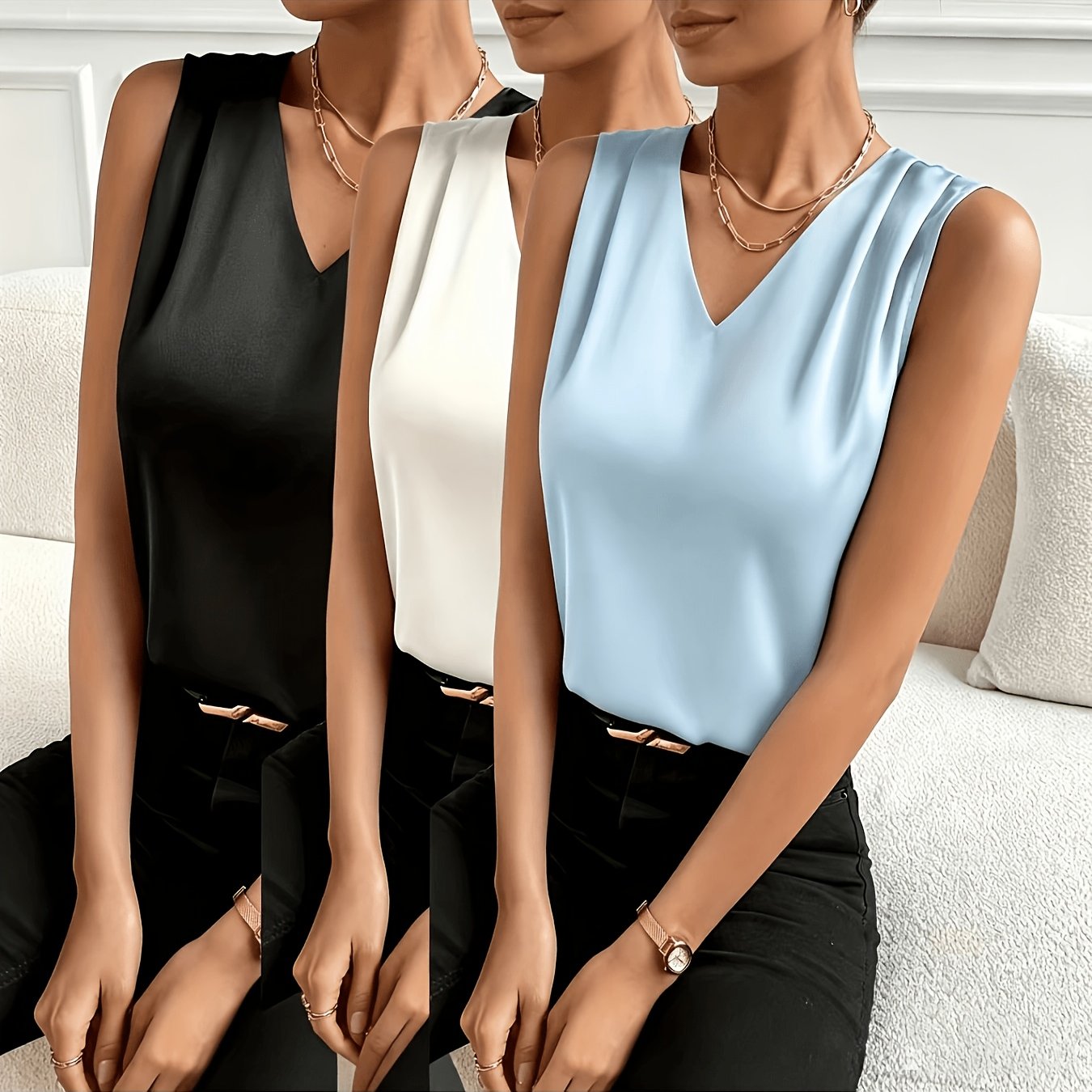 TEMU 3pcs Women's Elegant Solid Color V-neck Satin Tank Top Set