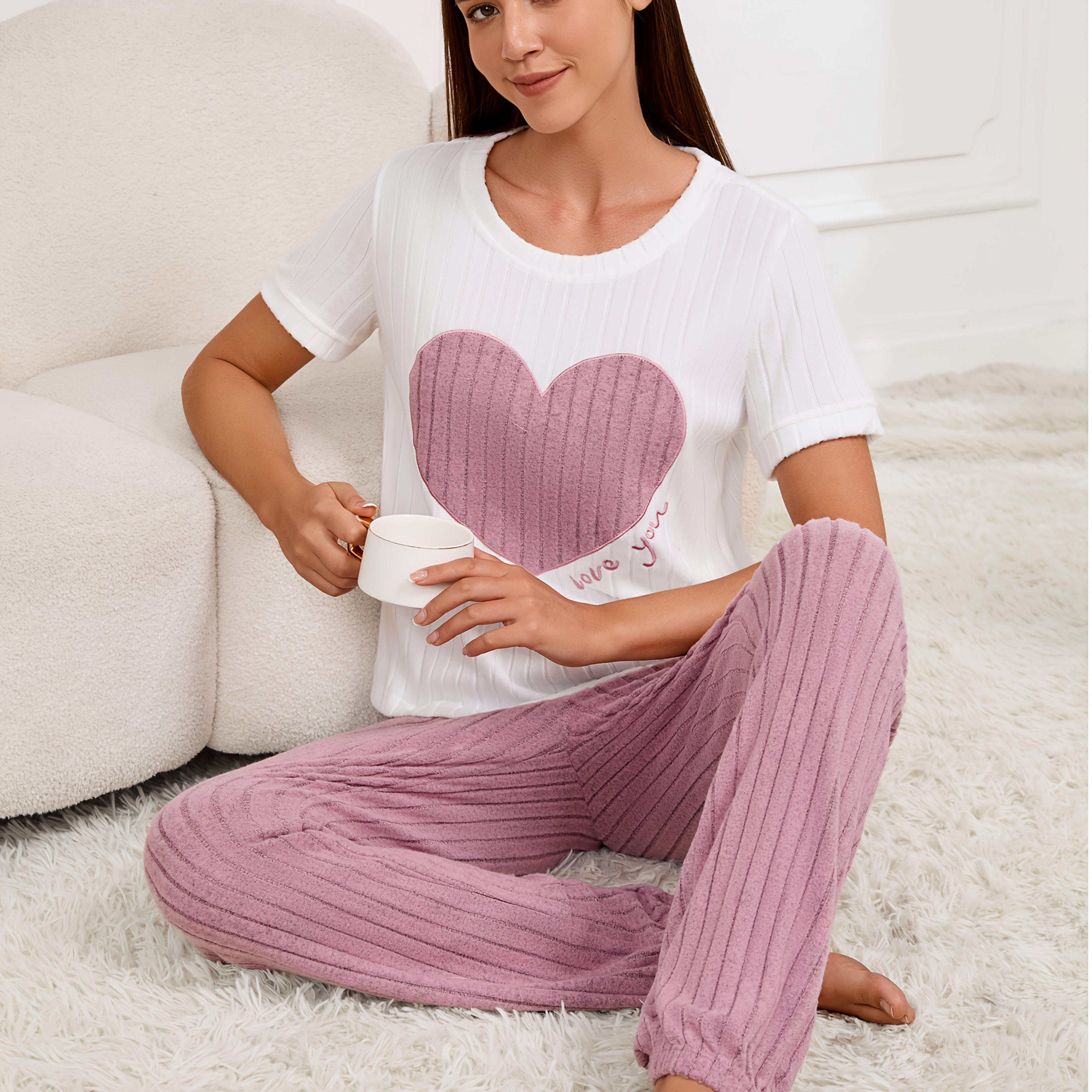 Image of Women's New Style Pajama Set Heart Pattern Short Sleeve Shirt Trousers Two-piece Easy Lovely Wear