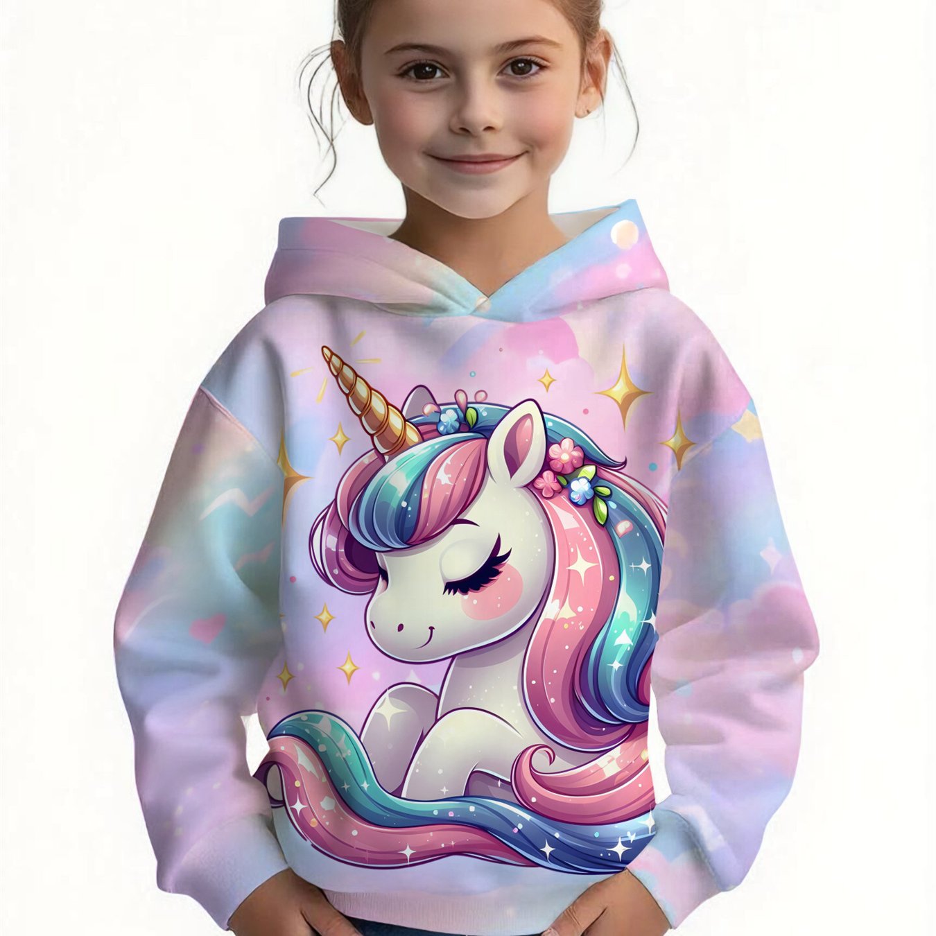 TEMU Girl'-behaved Autumn/winter Sweet Soft Style Hooded Sweatshirt With Pink- Background, Closed-eyes Flower-wearing Pink-purple Gradient Mane
