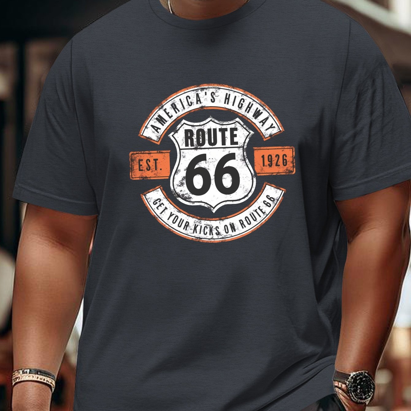 TEMU Plus Size Men's Summer T-shirt, Nostalgia Route 66 Emblem Graphic Print Short Sleeve Breathable Casual Tops For Daily Life, Big & Tall