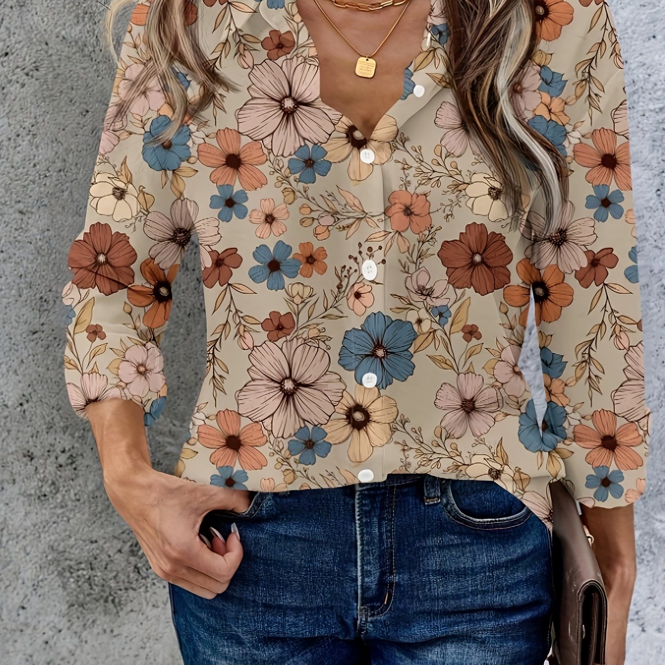 E-shop Damen Retro Blumenmuster Langarmhemd mit Knopfleiste vorne
