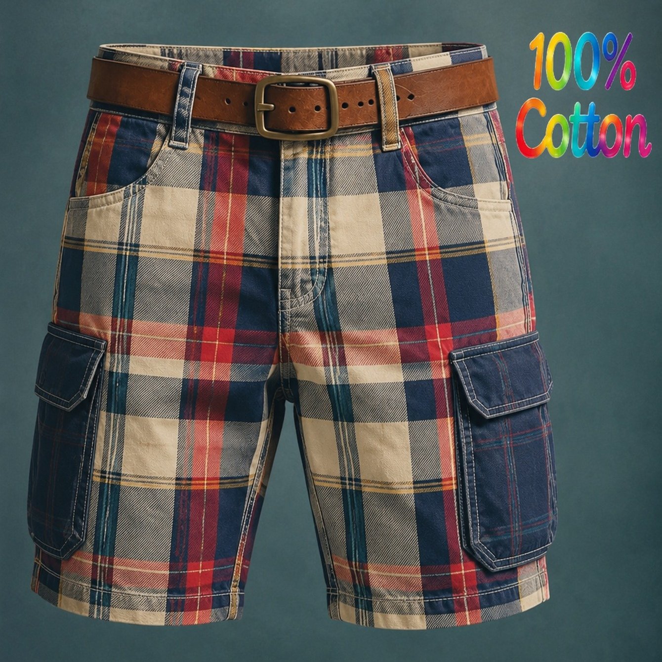 Image of Men's 3d Printed Cargo Shorts With Plaid Design & Multi- Utility Pants - Beltless Workwear Suitable For Outdoor,,, Gear - Regular For Casual And