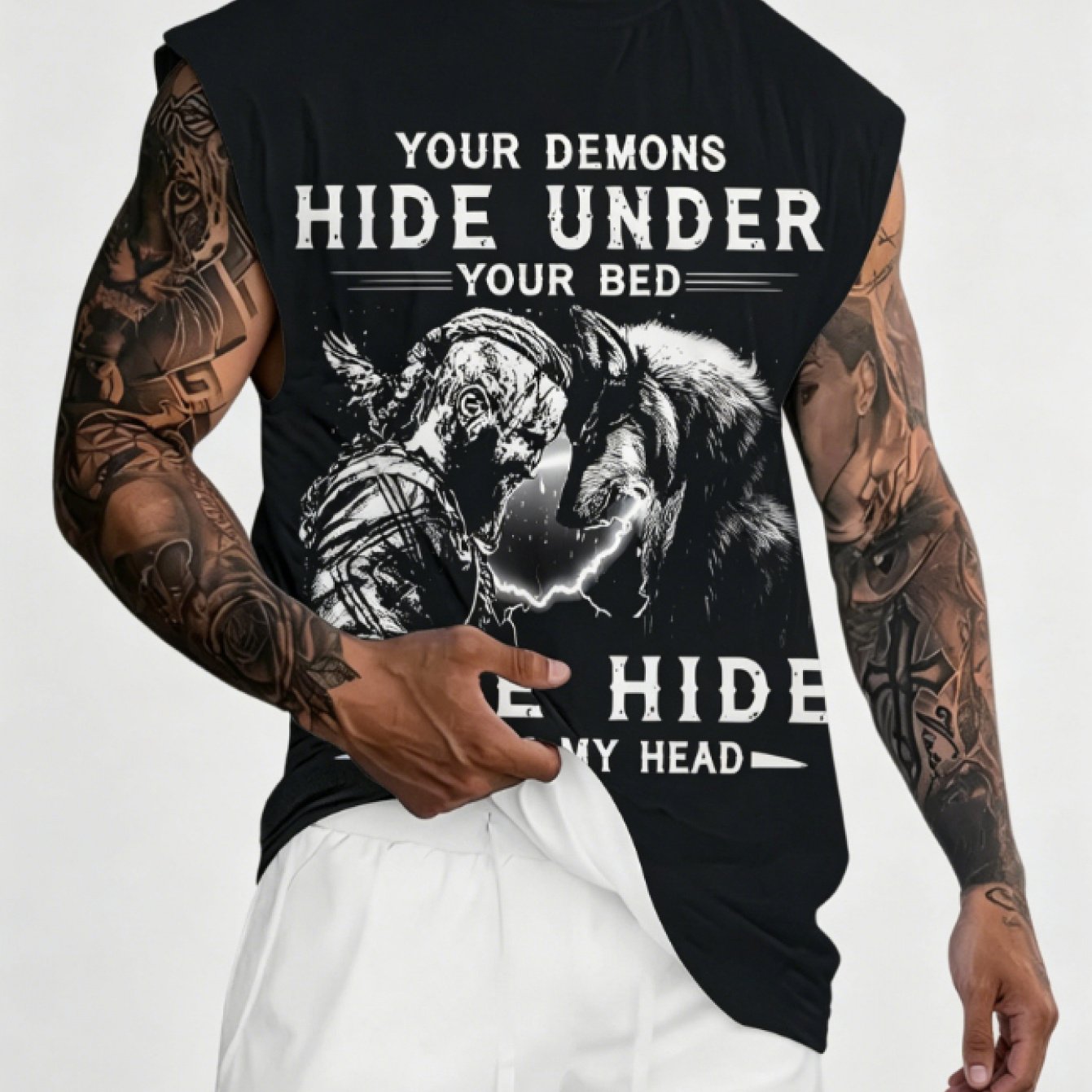 TEMU [print Design - Not Textured], Dark Demon Motto Vest, Retro Sleeveless T-shirt, Men's Sleeveless Vest, Dark Viking Wolf Portrait Print Design,