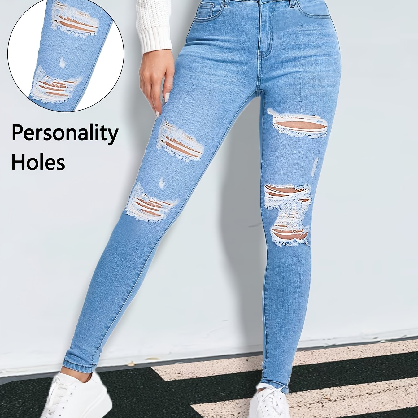 Light Blue Ripped Stretch Personality Skinny Jeans