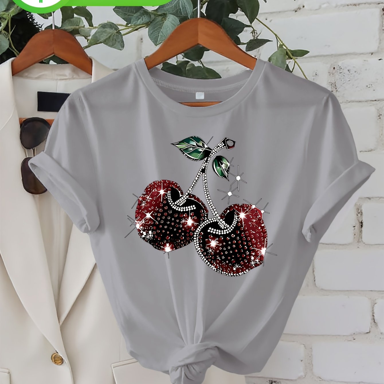 Plus Size, Cherry With Sparkling Details Plus-size Women's Printed Casual Round-neck Pure Short-sleeve Top